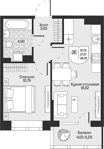 Планировка: Евродвушка 37,2 м² в ЖК «Охтинские высоты»