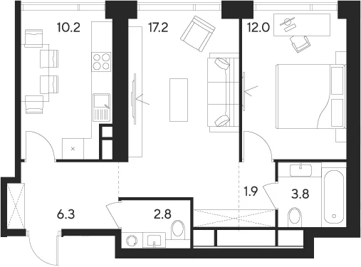 Планировка: 2-комнатная квартира 54,2 м² в ЖК «Инди Тауэрз от Аквилон»