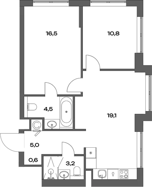 Планировка: Евротрёшка 60,9 м² в ЖК «Акценты»