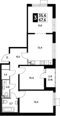 Планировка: Евротрёшка 67,2 м² в ЖК «Южная Битца»