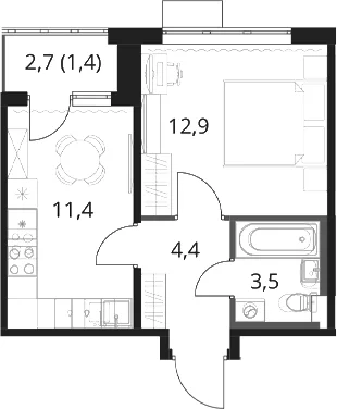 Планировка: 1-комнатная квартира 32,2 м² в ЖК «1-й Шереметьевский»
