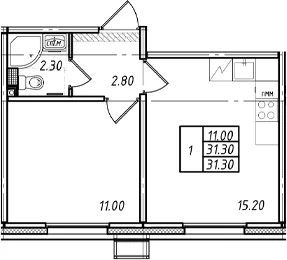 Планировка: 1-комнатная квартира 31,3 м² в ЖК «Ржевский парк»