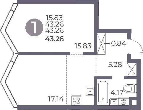 Планировка: 1-комнатная квартира 43,3 м² в ЖК «Мневники от Гранель»
