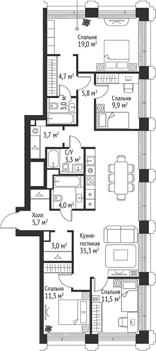 Планировка: Квартира евро-5 120,2 м² в ЖК «СЕТ»