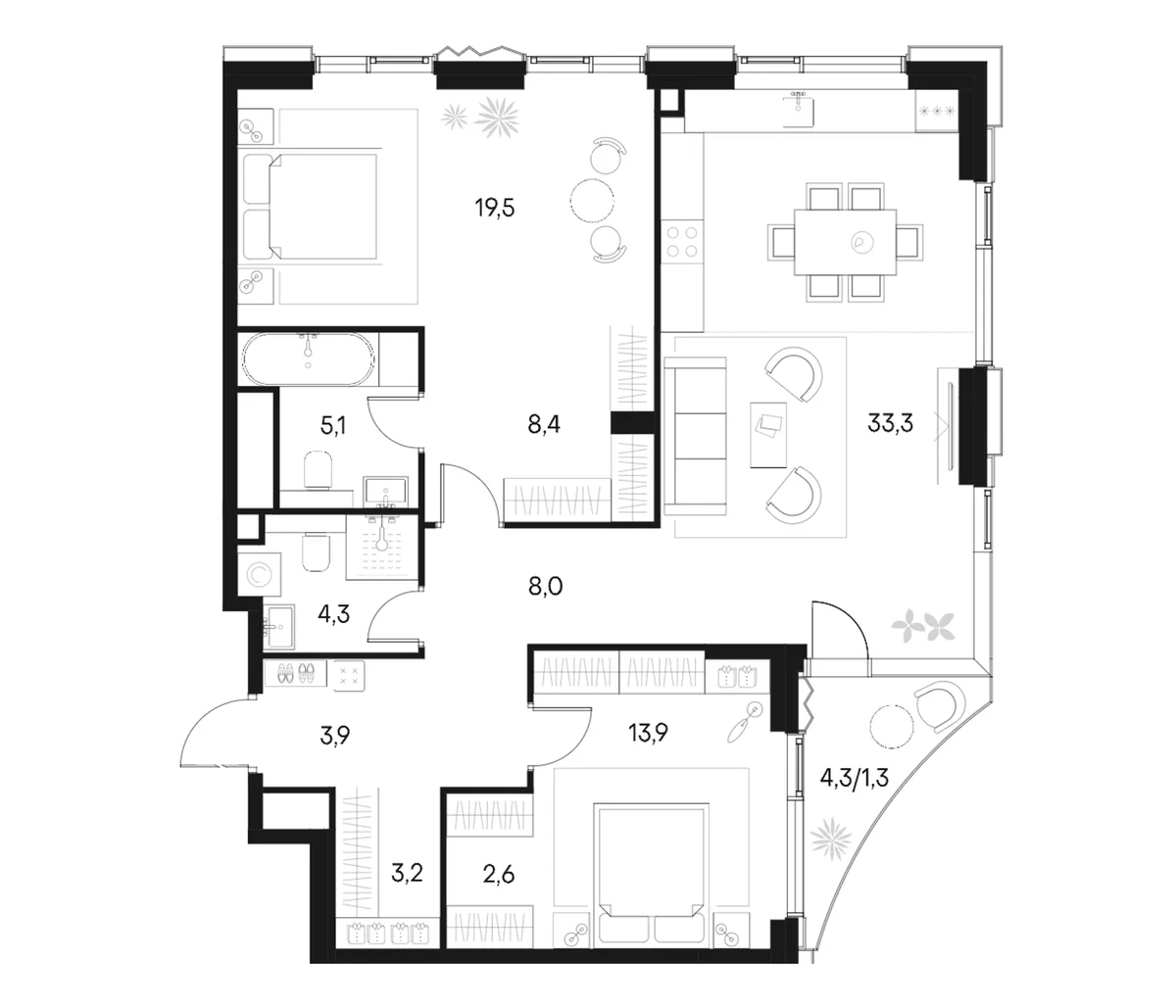 Планировка: Евротрёшка 102,2 м² в ЖК «Клубный город на реке Примавера»