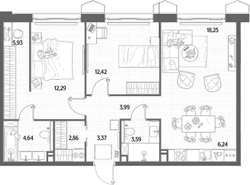 Планировка: Евротрёшка 73,6 м² в ЖК «МЫС»