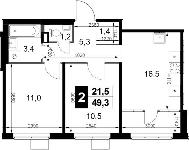 Планировка: Евротрёшка 48,7 м² в ЖК «1-й Химкинский»