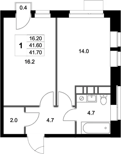 Планировка: 1-комнатная квартира 41,6 м² в ЖК «Легенда Марусино»