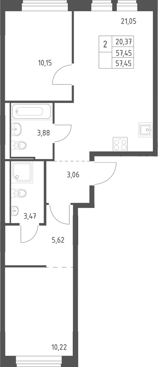 Планировка: Евротрёшка 57,5 м² в ЖК «Квартал Ивакино»