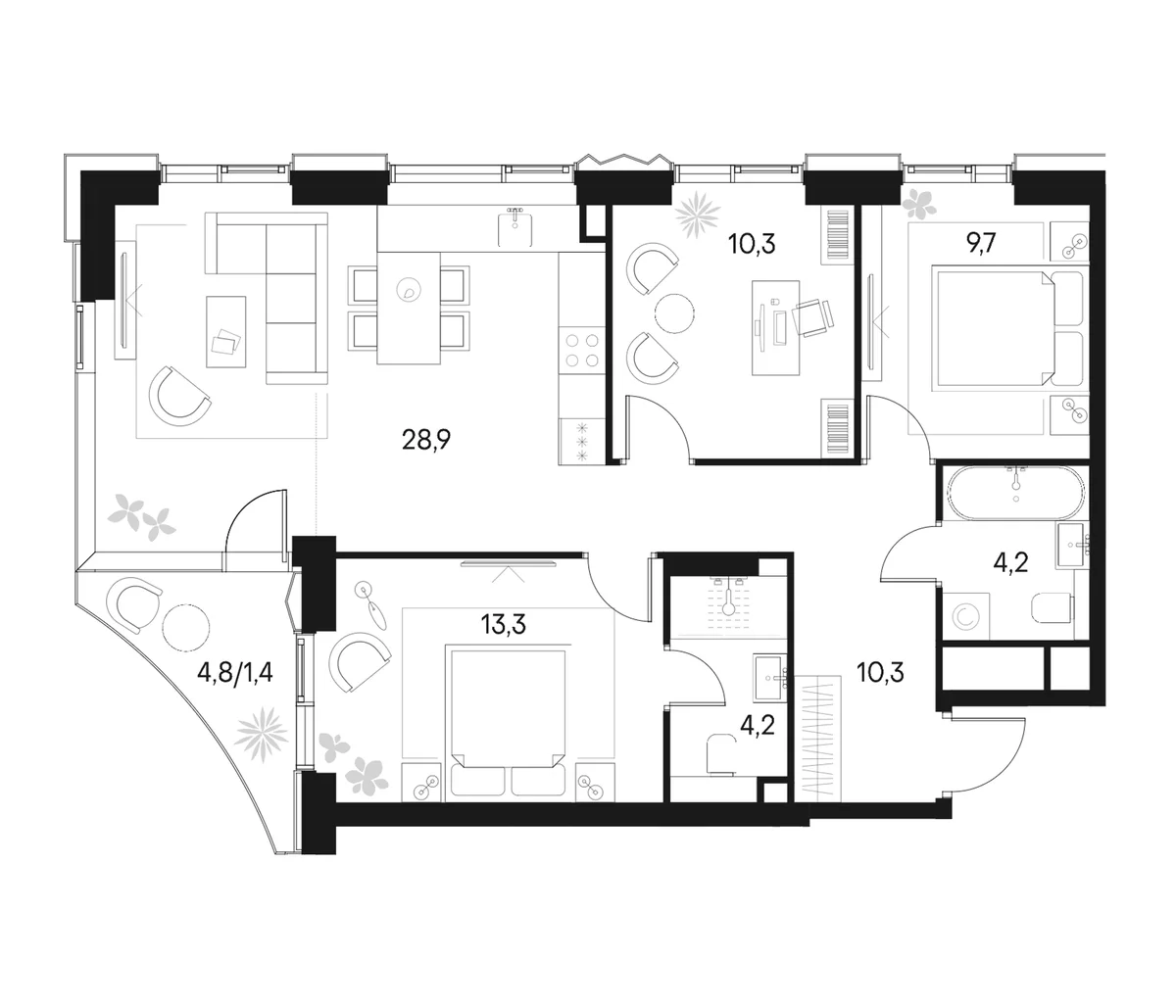 Планировка: Квартира евро-4 80,9 м² в ЖК «Клубный город на реке Примавера»