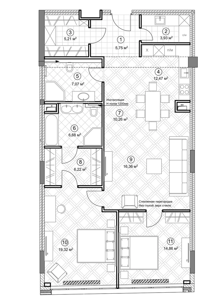 Планировка: Евротрёшка 107,8 м² в ЖК «Клубный дом Sole Hills»