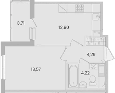 Планировка: 1-комнатная квартира 35 м² в ЖК «Ясно.Янино»