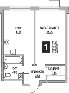 Планировка: Евродвушка 37,4 м² в ЖК «Гранель Притяжение Сити»