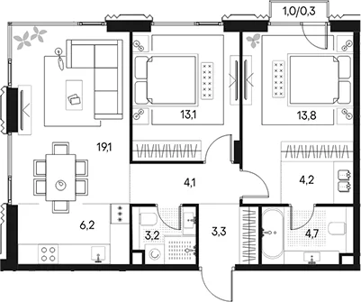 Планировка: Евротрёшка 71,7 м² в ЖК «Клубный город на реке Примавера»