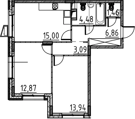 Планировка: Евротрёшка 57,7 м² в ЖК «ВЕРЕН НОРТ Cертолово»