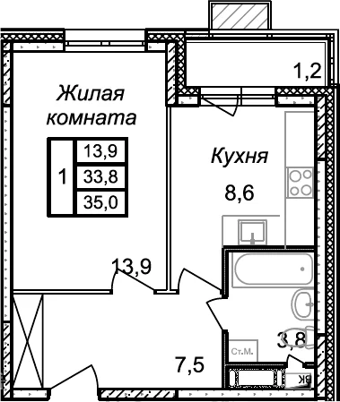 Планировка: 1-комнатная квартира 33,8 м² в ЖК «Квартал Светлый»