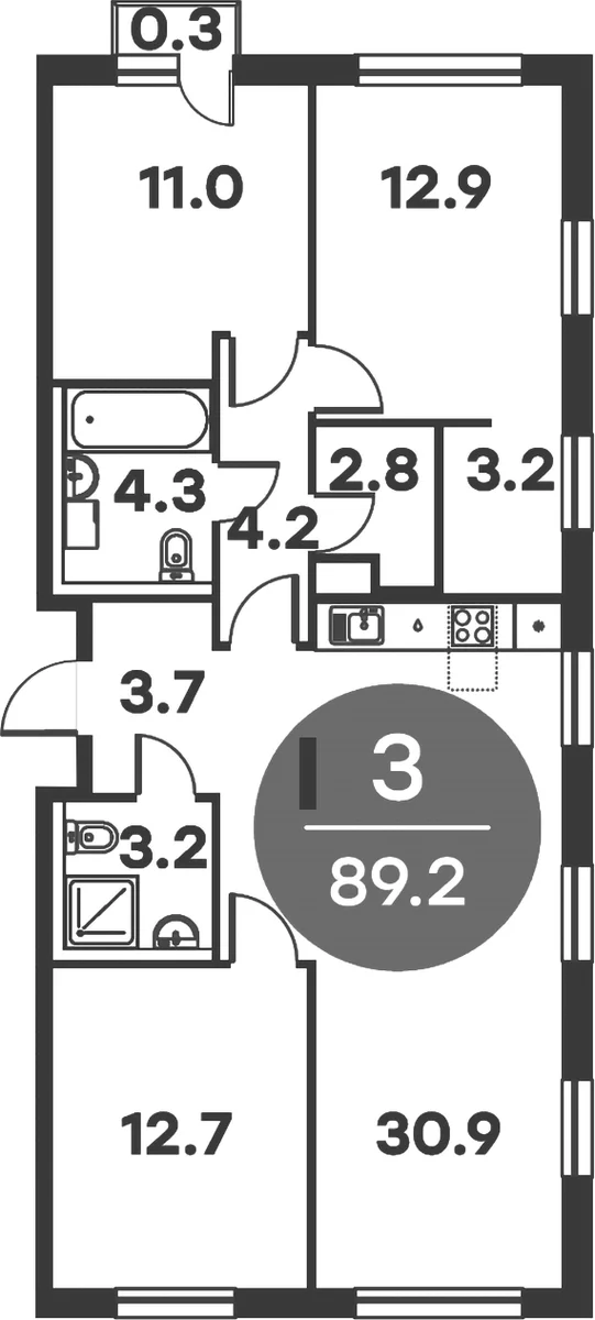 Планировка: 3-комнатная квартира 88,9 м² в ЖК «Равновесие»