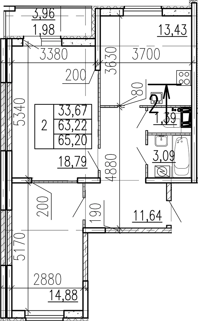 Планировка: 2-комнатная квартира 63,2 м² в ЖК «Высота. Бугры»
