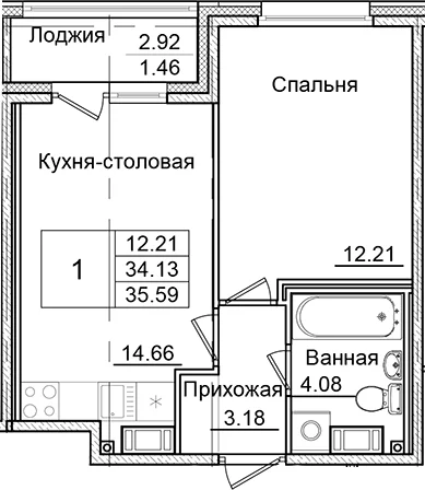 Планировка: 1-комнатная квартира 34,1 м² в ЖК «Квартал Заречье»