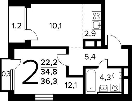Планировка: Евродвушка 34,8 м² в ЖК «Новые Ватутинки Квартал у реки»