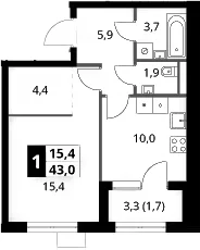Планировка: 1-комнатная квартира 41,3 м² в ЖК «1-й Ясеневский»