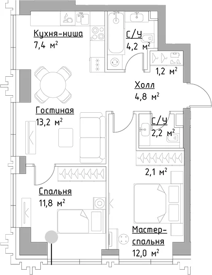 Планировка: Евротрёшка 58,9 м² в ЖК «Левел Павелецкая Сити»