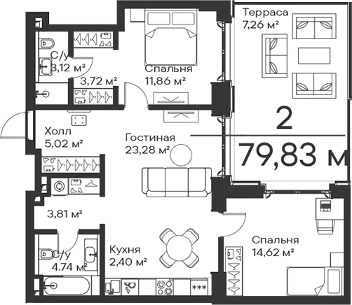Планировка: Евротрёшка 72,6 м² в ЖК «Сити Бэй»