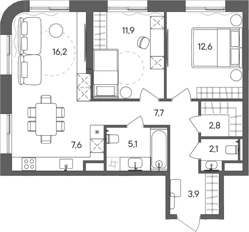 Планировка: Евротрёшка 69,9 м² в ЖК «СТОУН Сокольники»