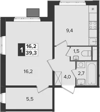 Планировка: 1-комнатная квартира 39,3 м² в ЖК «Южная Битца»