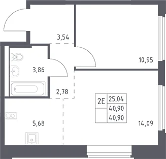 Планировка: Евродвушка 40,9 м² в ЖК «Космический Квартал»