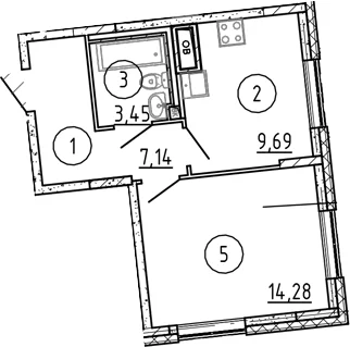 Планировка: 1-комнатная квартира 34,6 м² в ЖК «Квартал Лаголово»