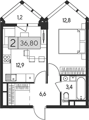 Планировка: Евродвушка 35,6 м² в ЖК «Инди Тауэрз от Аквилон»