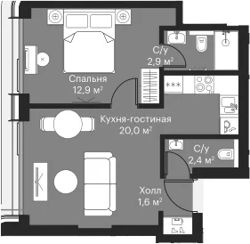 Планировка: Евродвушка 38,7 м² в ЖК «Сити Бэй»