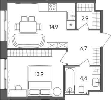 Планировка: 1-комнатная квартира 42,8 м² в ЖК «СТОУН Сокольники»