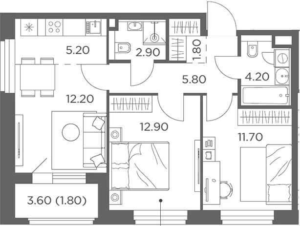 Планировка: Евротрёшка 56,7 м² в ЖК «Белый Град»