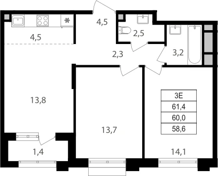 Планировка: Евротрёшка 58,6 м² в ЖК «Михалковский»