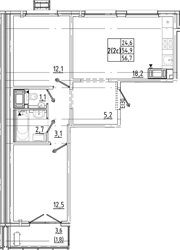 Планировка: Евротрёшка 54,9 м² в ЖК «Цветной город»