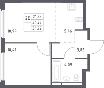 Планировка: Евродвушка 34,7 м² в ЖК «Космический Квартал»