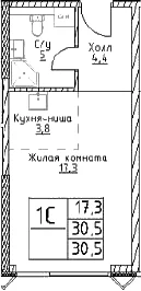 Планировка: Студия 30,5 м² в ЖК «Наметкин Тауэр»