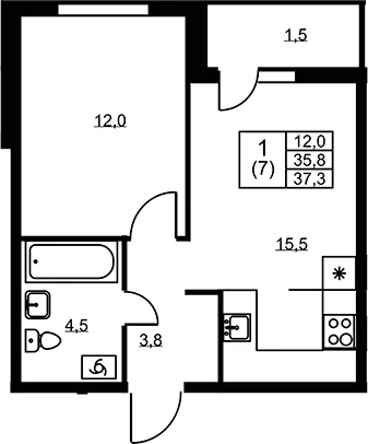 Планировка: 1-комнатная квартира 35,8 м² в ЖК «Ермак»