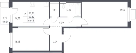Планировка: 2-комнатная квартира 59,8 м² в ЖК «Новое Видное»