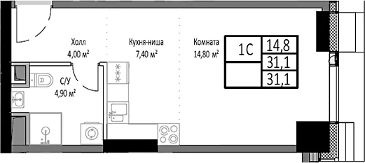 Планировка: Студия 31,1 м² в ЖК «Мираполис»