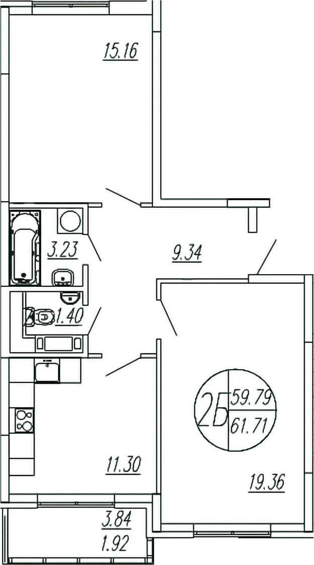 Планировка: 2-комнатная квартира 59,8 м² в ЖК «Шолохово»