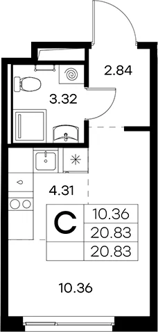 Планировка: Студия 20,8 м² в ЖК «Новоселье»