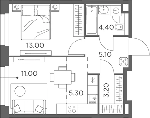 Планировка: Евродвушка 42 м² в ЖК «Белый Град»