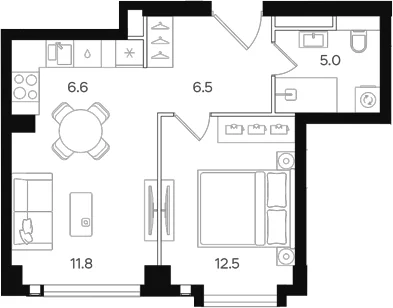 Планировка: Евродвушка 42,4 м² в ЖК «АУРА»