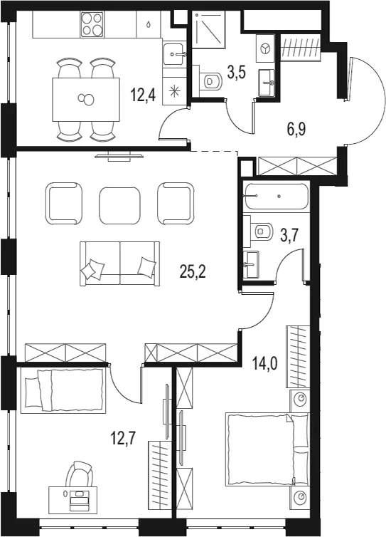 Планировка: 3-комнатная квартира 78,4 м² в ЖК «Левел Мичуринский»