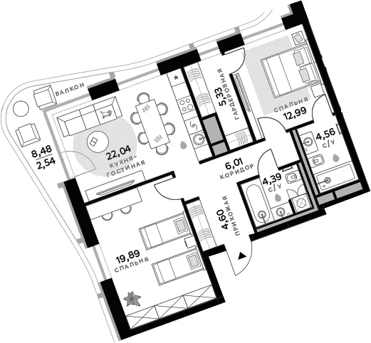 Планировка: 2-комнатная квартира 79,8 м² в ЖК «СберСити»