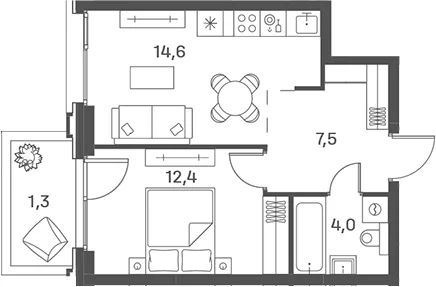 Планировка: Евродвушка 38,5 м² в ЖК «Портленд»
