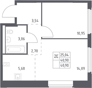 Планировка: Евродвушка 40,9 м² в ЖК «Космический Квартал»